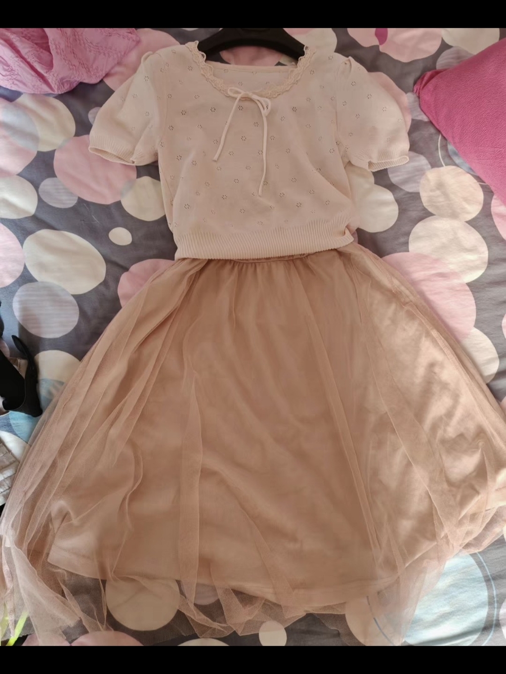 Girls Cream Knit Top and Tan Tulle Skirt Set